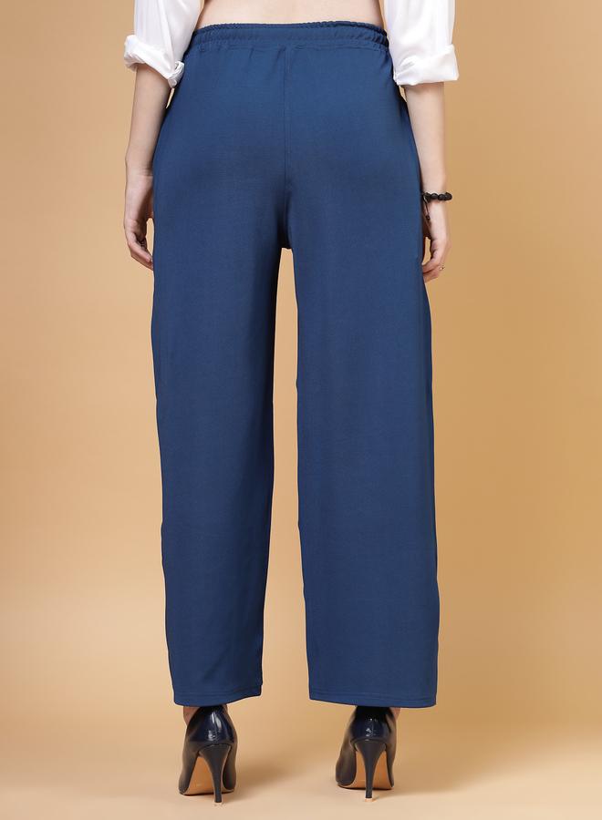 PAUSE PAUSE Women Blue Solid Drawstring Waist Wide Leg Pants - Image 4