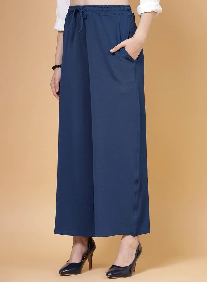بوز PAUSE Women Blue Solid Drawstring Waist Wide Leg Pants