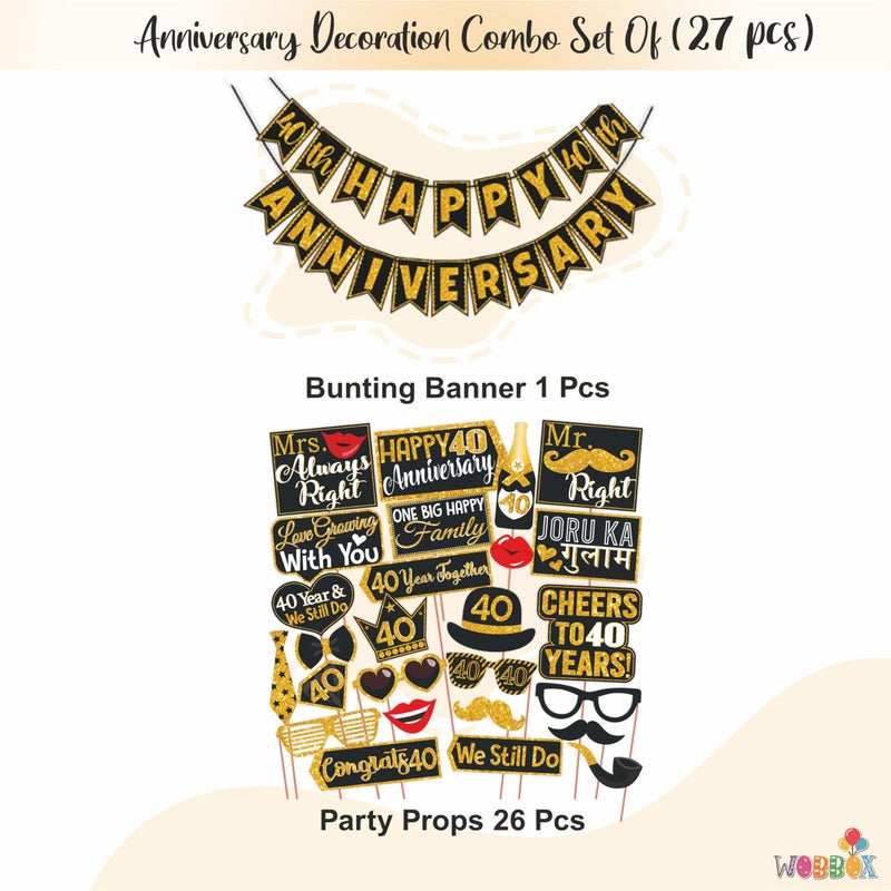 WOBBOX Wobbox 40th Anniversary Photo Booth Party Props DIY Kit with 40th Anniversary Bunting Banner, Golden Gliter & Black, Anniversary Party Decoration - Image 2