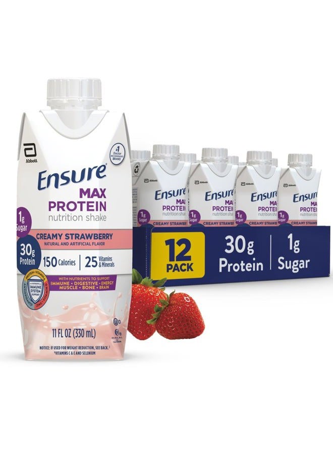Ensure مشروب ماكس بروتين كريمي بنكهة الفراولة | 30 جرام بروتين، 1 جرام سكر، 4 جرام ألياف | 12 عبوة - Image 1