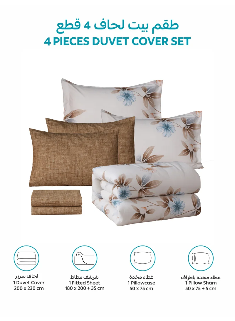 Donetella QUEEN (180x200 cm) Printed Duvet Set, Queen Size Fits 180x200 cm - 4-Pcs Bed Set, Brushed Microfiber Fabric - 1 Duvet Cover, 1 Fitted Sheet, 1 Pillow Shams, 1 Pillowcases (Filler Not Included)  | Best Price UAE