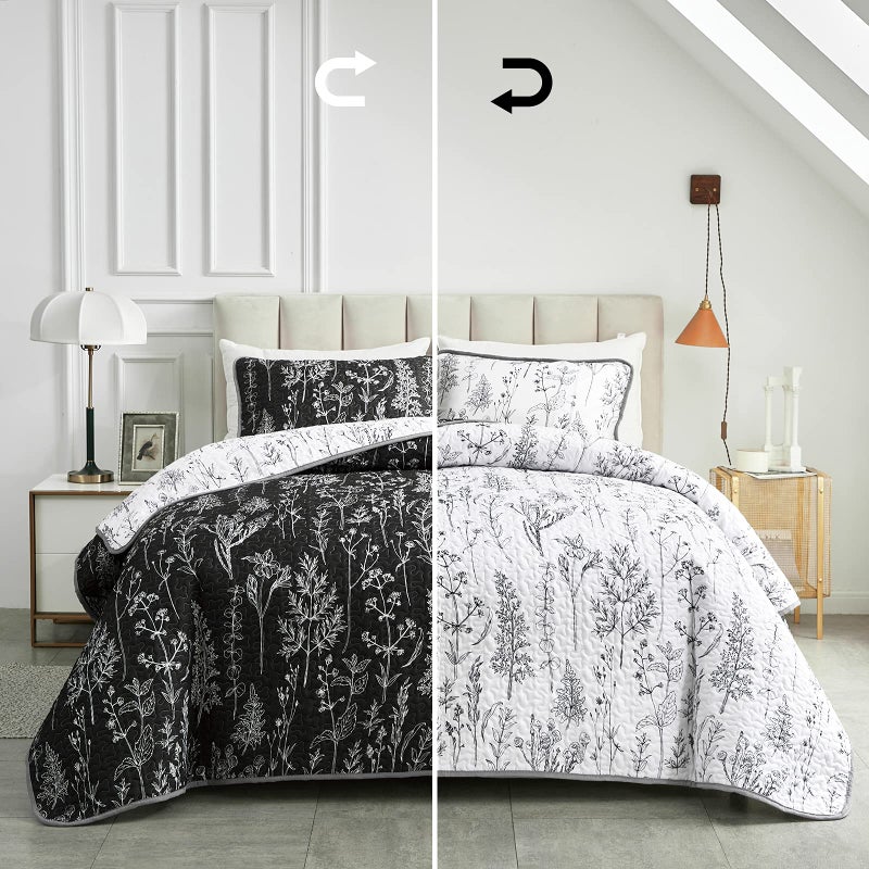 Joyreap Joyreap 3 Pieces Quilt Set King Black n White Rversible Botanical Design Smooth Soft Microfiber Quilt Bedspread Bed Cover for All Season 1 Quilt and 2 Pillow Shams 102x90 inches 