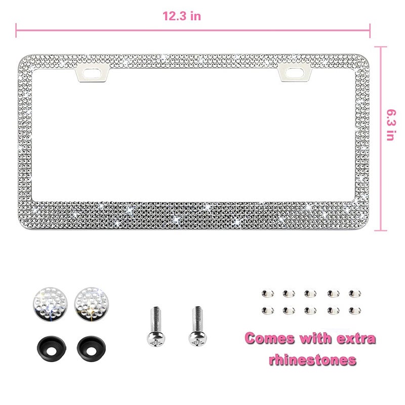 OKLPF Sparkly Bling Stainless Steel License Plate Frames for Women, 1PCS | Over 1000 pcs 14 Facets Bedazzled Clear Glass Diamond Rhinestone Crystals w/Free Glitter Diamond Box (White) - Image 3