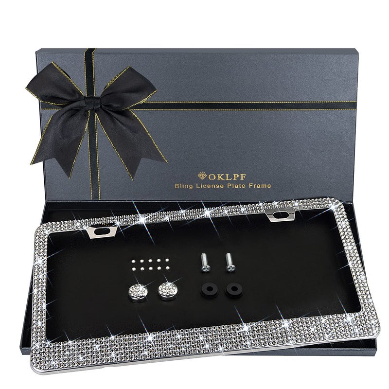 OKLPF Sparkly Bling Stainless Steel License Plate Frames for Women, 1PCS | Over 1000 pcs 14 Facets Bedazzled Clear Glass Diamond Rhinestone Crystals w/Free Glitter Diamond Box (White) - Image 1