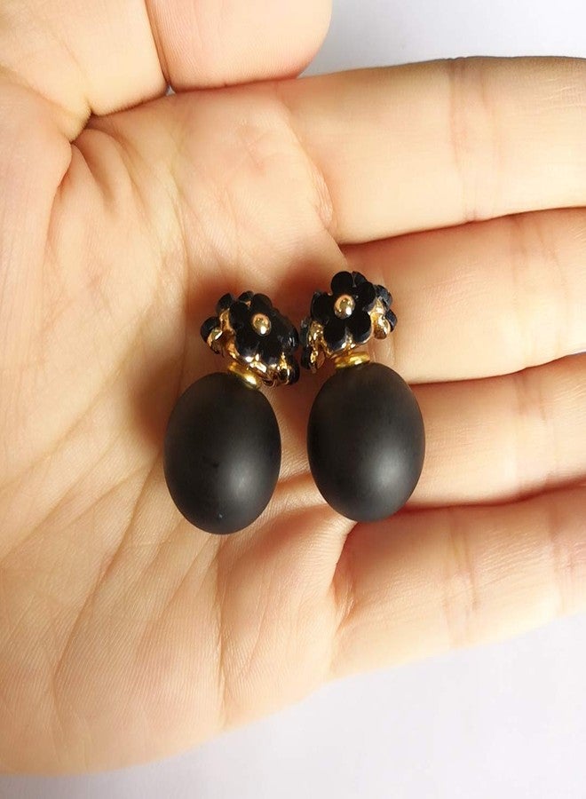 NOUMANDA Double Sided Pearl Flower Sweet Style Statement Fashion Earring for Women (black) - Image 3