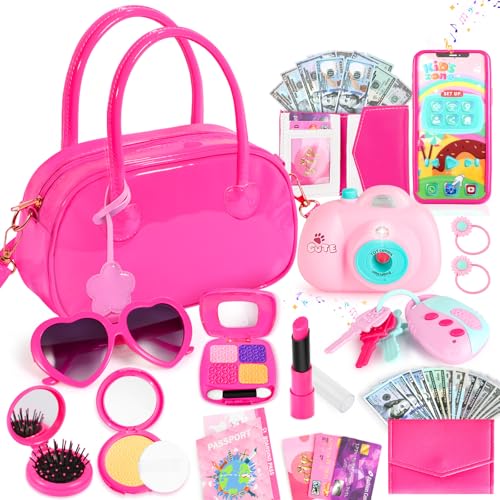 INNOCHEER Little Girls Purse Toddler Purse Flower Girl Gift Girl Toys Hot Pink Patent Leather Play Purse for Little Girls Pretend Play Toy Kids Purse Gifts Toys for 3 4 5 6 7 8 Year Old Girls - Image 1