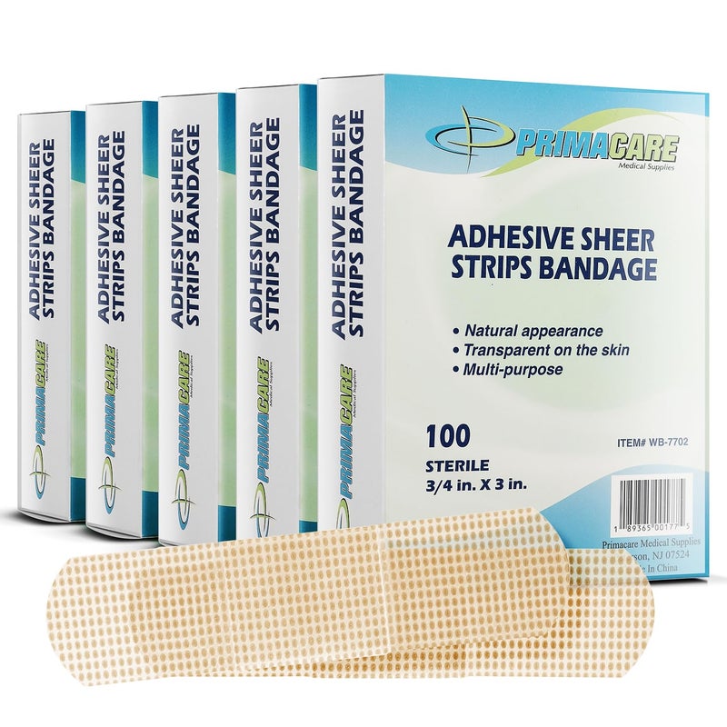 PRIMACARE لصقات ضمادات برايمكير ذاتية اللصق الشفافة للجروح 34 × 3 بوصة 100 قطعة عبوة من 5 ضمادات إسعافات أولية مع وسادات ماصة غير لاصقة مادة PE بلون الجلد 500 لصقة - Image 1