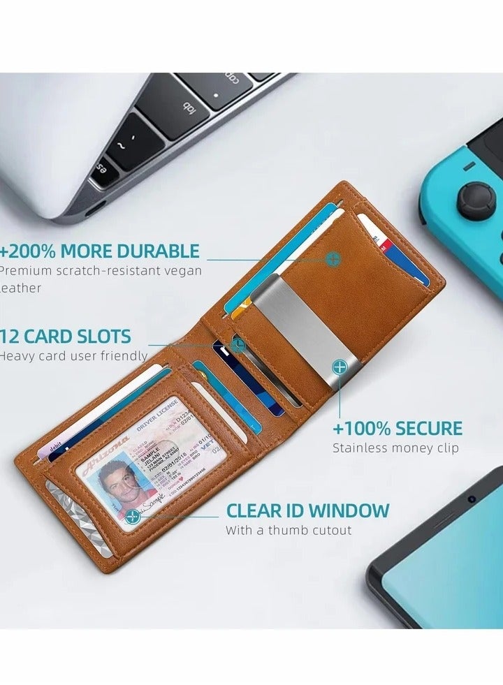 Wallet for Men Slim Larger Capacity with 12 Slots RFID Blocking Men's Wallet Minimalist Front Pocket Bifold Leather with ID Window Gift BoX - Image 5