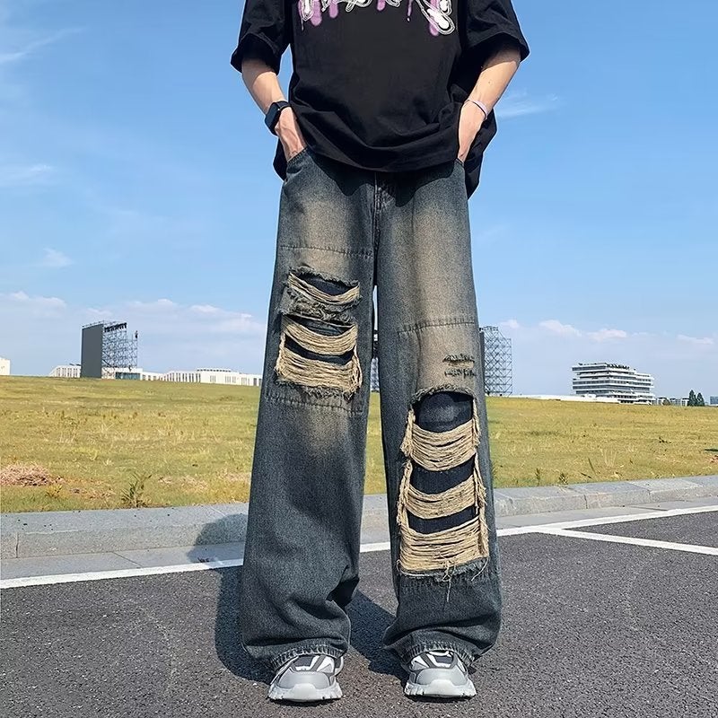 Retro Distressed Patched Jeans for Women Blue 