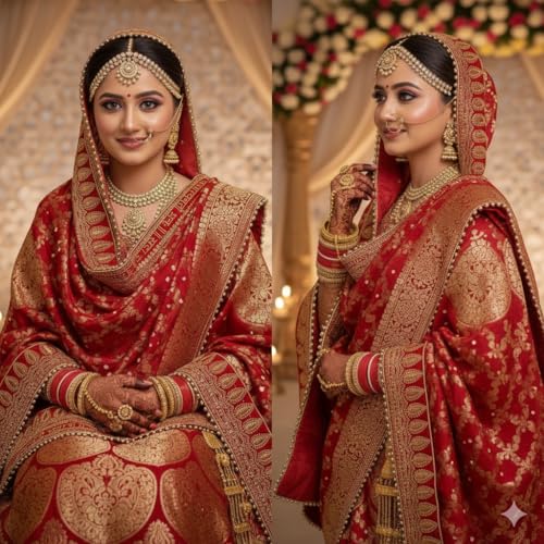 Navti Creations Women Wedding Bridal Red Dupatta In Banarasi Silk With Sada Saubhagyawati Bhaw Embroidery Border (2.25M) & 4 Side Moti Lace - Image 3
