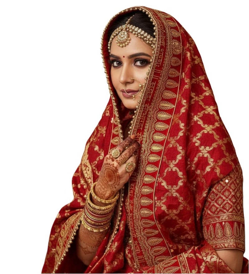 Navti Creations Women Wedding Bridal Red Dupatta In Banarasi Silk With Sada Saubhagyawati Bhaw Embroidery Border (2.25M) & 4 Side Moti Lace - Image 1