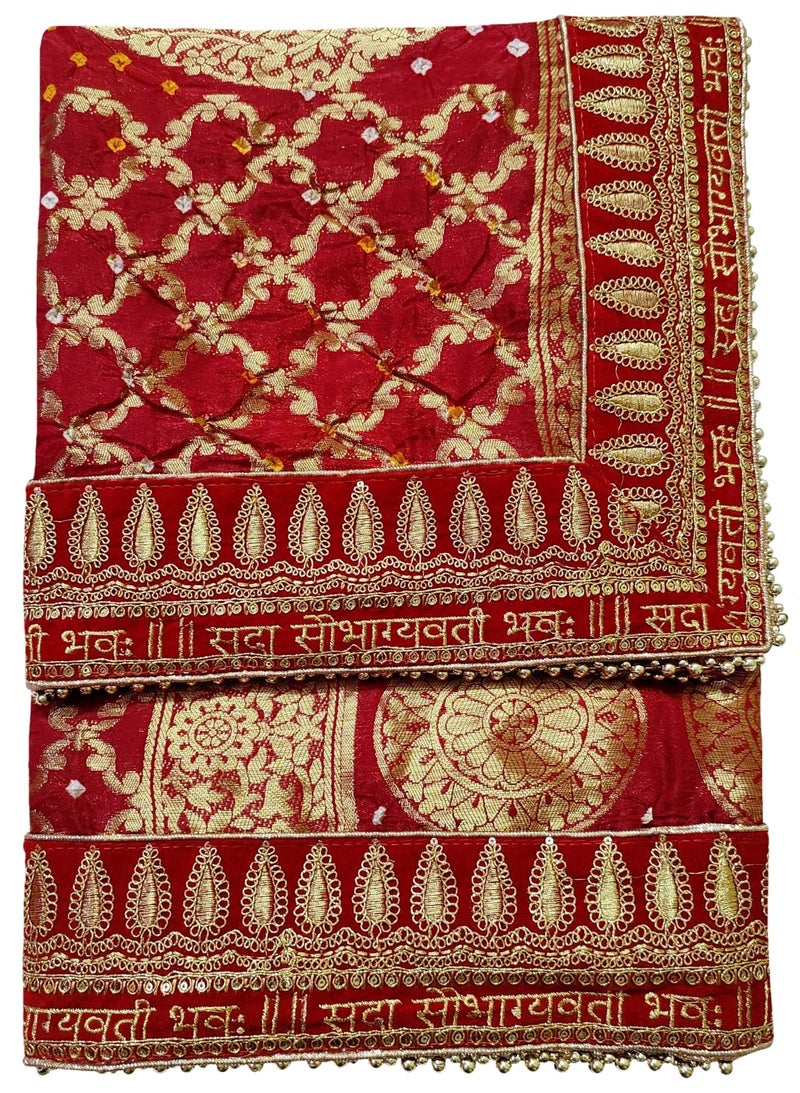 Navti Creations Women Wedding Bridal Red Dupatta In Banarasi Silk With Sada Saubhagyawati Bhaw Embroidery Border (2.25M) & 4 Side Moti Lace - Image 2