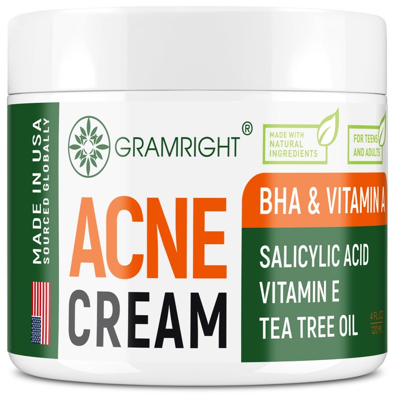 GRAMRIGHT Acne Treatment Face Cream - Acne Spot Treatment for Face & Acne Dots - Tea Tree Oil for Acne - Natural Cystic Acne Treatment -Made in USA- For All Skin Types - Acne Scar Cream & Pimple Remover 4 fl.oz