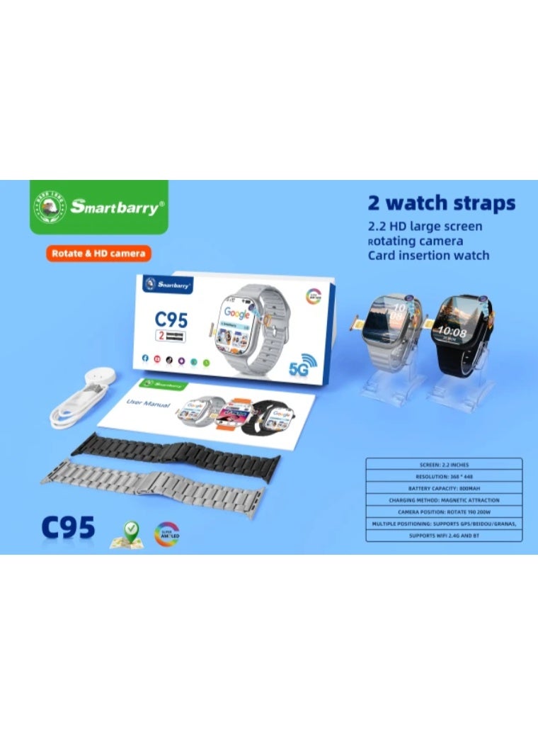 Smartbarry C95 SmartBarry 5G Smartwatch with SIM, Dual Straps, Super AMOLED Display, Android Apps & Play Store - Image 4