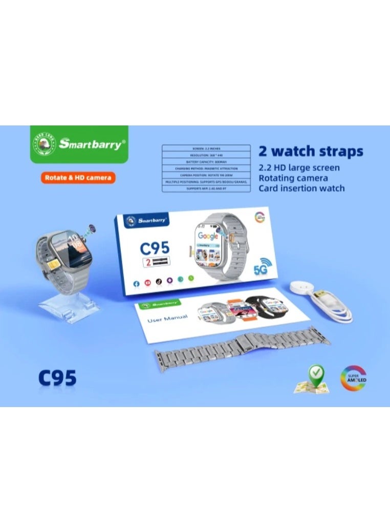 Smartbarry C95 SmartBarry 5G Smartwatch with SIM, Dual Straps, Super AMOLED Display, Android Apps & Play Store - Image 2
