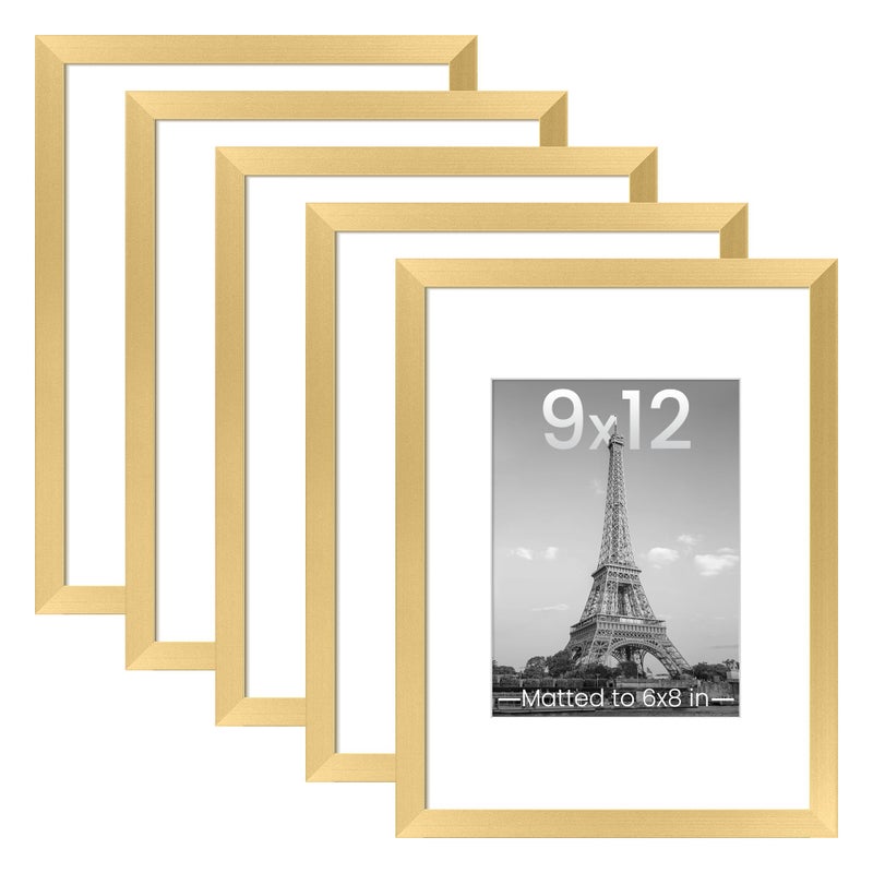 upsimples 9x12 Picture Frame Set of 5 Display Pictures 6x8 with Mat or 9 x 12 Without Wall Gallery Photo Frames Gold