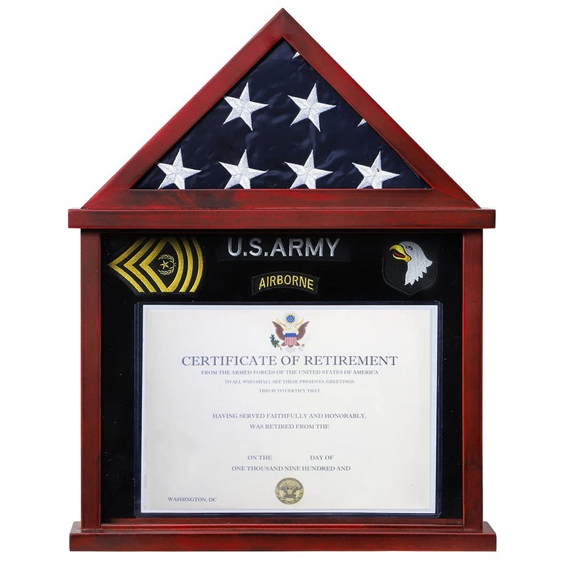 Flag Display Case for Folded 3x5 Americian Flag with Certificate Document Holder Display Frame Military Shadow Box for Army Navy Air Force Veterans Solid Wood Mahogany Finish