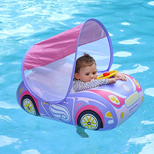 Swimbobo Toddler Pool Float Inflatable Car Baby Swim Float with Adjustable Sun Canopy and Safety Seat Pool Toys for Kids 3 Years OldPurple Pink Car - Image 1