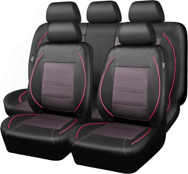 CAR PASS Piping PU Leather Car Seat Cover Full Set,Inside Zipper Design and Reserved Opening Holes，Airbag Compatible,Universal FIT for Car, SUVs,Van,Trucks（Full Set, Black & Pink） - Image 1