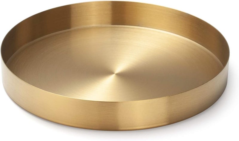 DOKOT Gold Round Tray Metal Decorative Storage Organizer Tray for Jewelry, Makeup, Toiletries, Kitchen Tableware, 22cm - Image 1