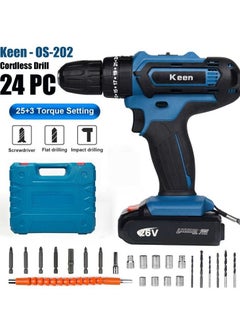 Keen Cordless Drill  Electric Screwdriver Premium Quality 10mm 2 Li-ion Batteries and 24 pcs Tools. 26V/1650rpm/Min/50-60Hz KEEN OS-202  - Image 2