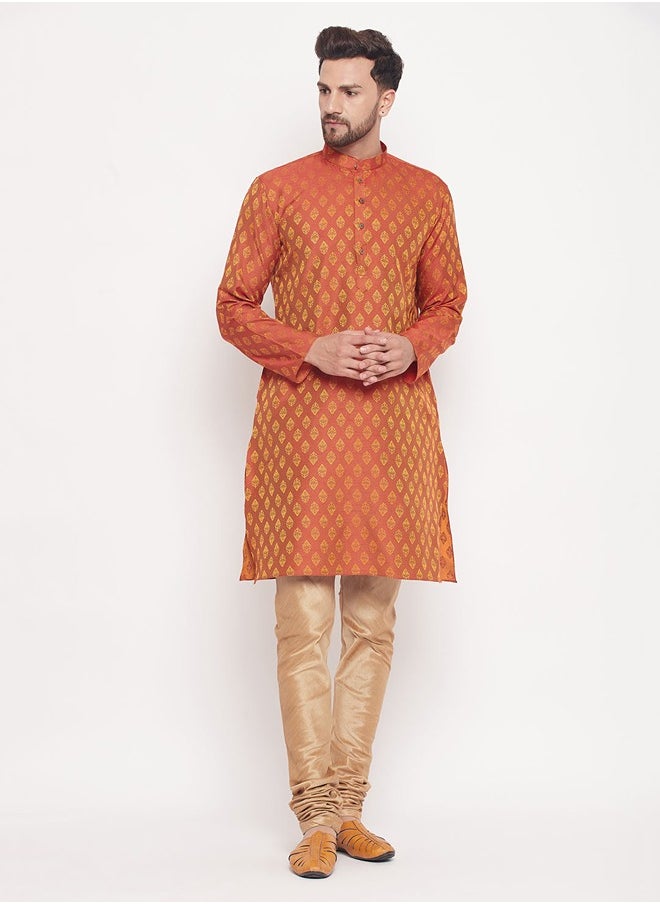 PRASHA - Men's Red And Rose Gold Silk Blend Kurta Pyjama Set - Image 1