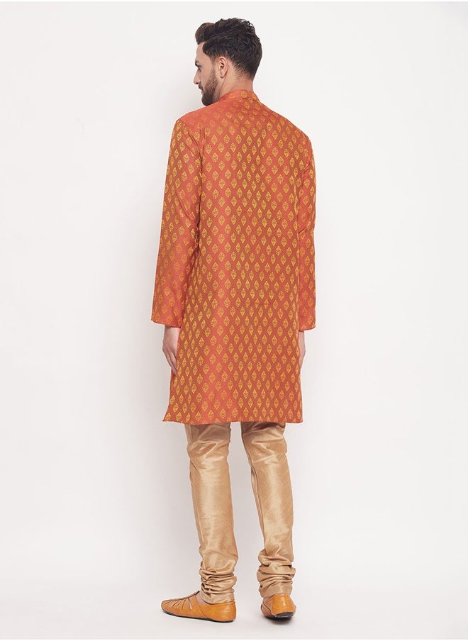 PRASHA - Men's Red And Rose Gold Silk Blend Kurta Pyjama Set - Image 1