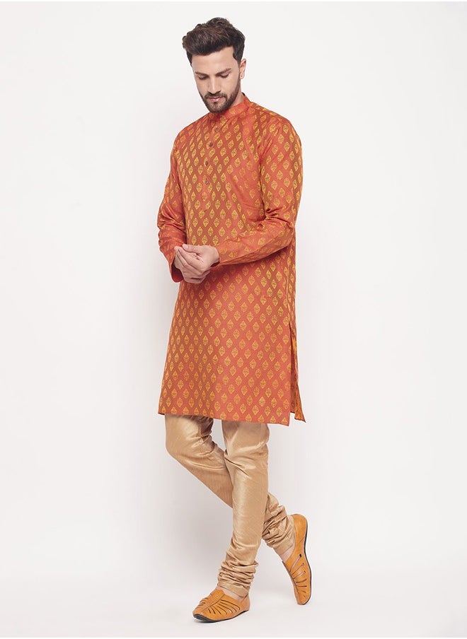 PRASHA - Men's Red And Rose Gold Silk Blend Kurta Pyjama Set - Image 1