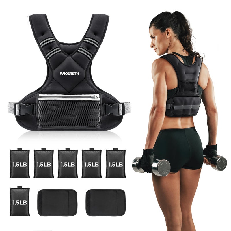 PACEARTH Adjustable Weighted Vest PACEARTH Ironsand Weight Vest with Six 1.5-lb Adjustable Weights, 11-20 lbs Total, Big Zipper Pouch, Home Workout Weight Vest for Men and Women in Cardio and Strength Training - Image 1