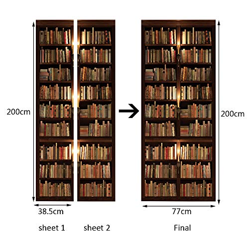 TUOKING Door Sticker, Peel and Stick Vinyl Door Decals, Self-Adhesive Mural for Home Decor, 30.3" W x 78.7" L, Set of 2 Sheets, Bookshelf - Image 3