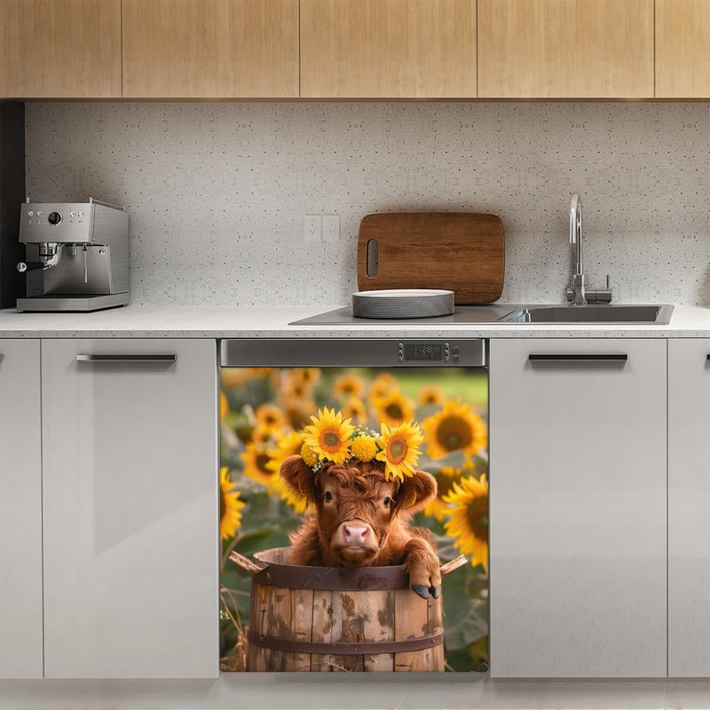 cfpolar Dishwasher Magnet Cover Highland Cattle Sunflower Dishwasher Magnets Decorative Cover Reusable Magnetic Sticker Panel Decal Refrigerator Kitchen Appliance Decor Front Dishwashers Covers 23" x 26" - Image 3