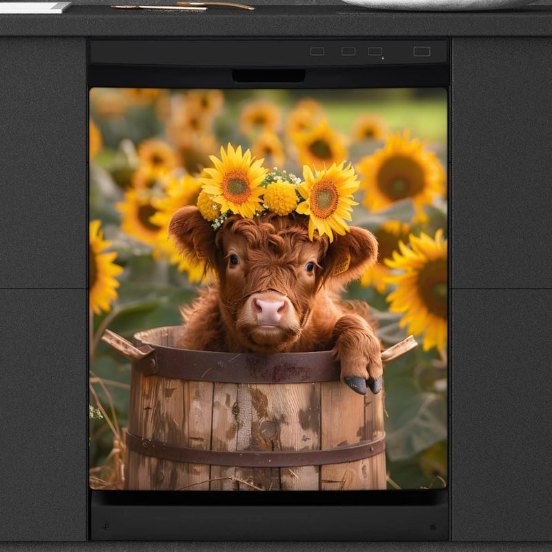cfpolar Dishwasher Magnet Cover Highland Cattle Sunflower Dishwasher Magnets Decorative Cover Reusable Magnetic Sticker Panel Decal Refrigerator Kitchen Appliance Decor Front Dishwashers Covers 23" x 26" - Image 1