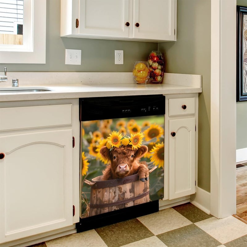 cfpolar Dishwasher Magnet Cover Highland Cattle Sunflower Dishwasher Magnets Decorative Cover Reusable Magnetic Sticker Panel Decal Refrigerator Kitchen Appliance Decor Front Dishwashers Covers 23" x 26" - Image 5