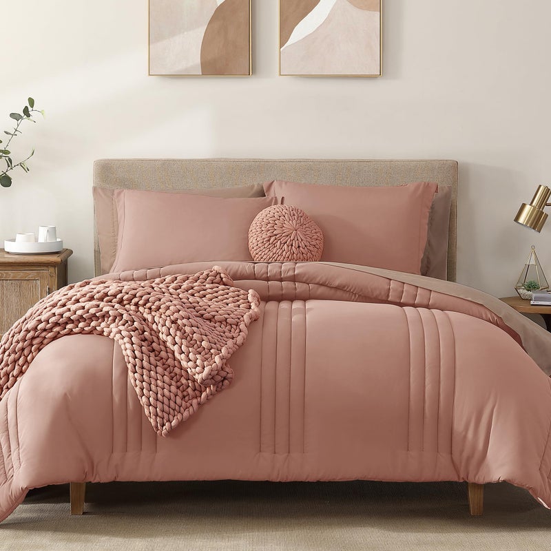 Monbix Queen Comforter Set  7 Pieces Clay Pink Bed in a Bag Queen Bedding Sets with Comforters All Seasons Down Alternative Comforter Bed Set with Sheets Pillowcases  Shams