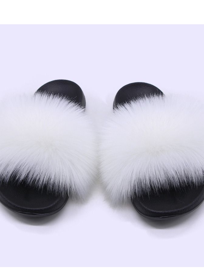 Loquat Stylish Women Faux Fur Open Toe Flat Slippers Sandals Non Slip Homewear Shoes 