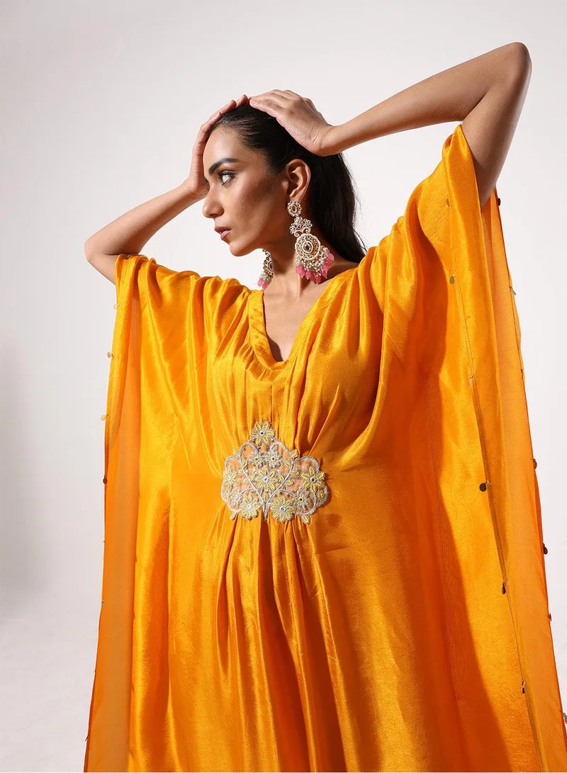 آي شين Yellow Poly Embroidered Relaxed A-Line Kaftan & Full Length Palazzo Kurta Set For Women