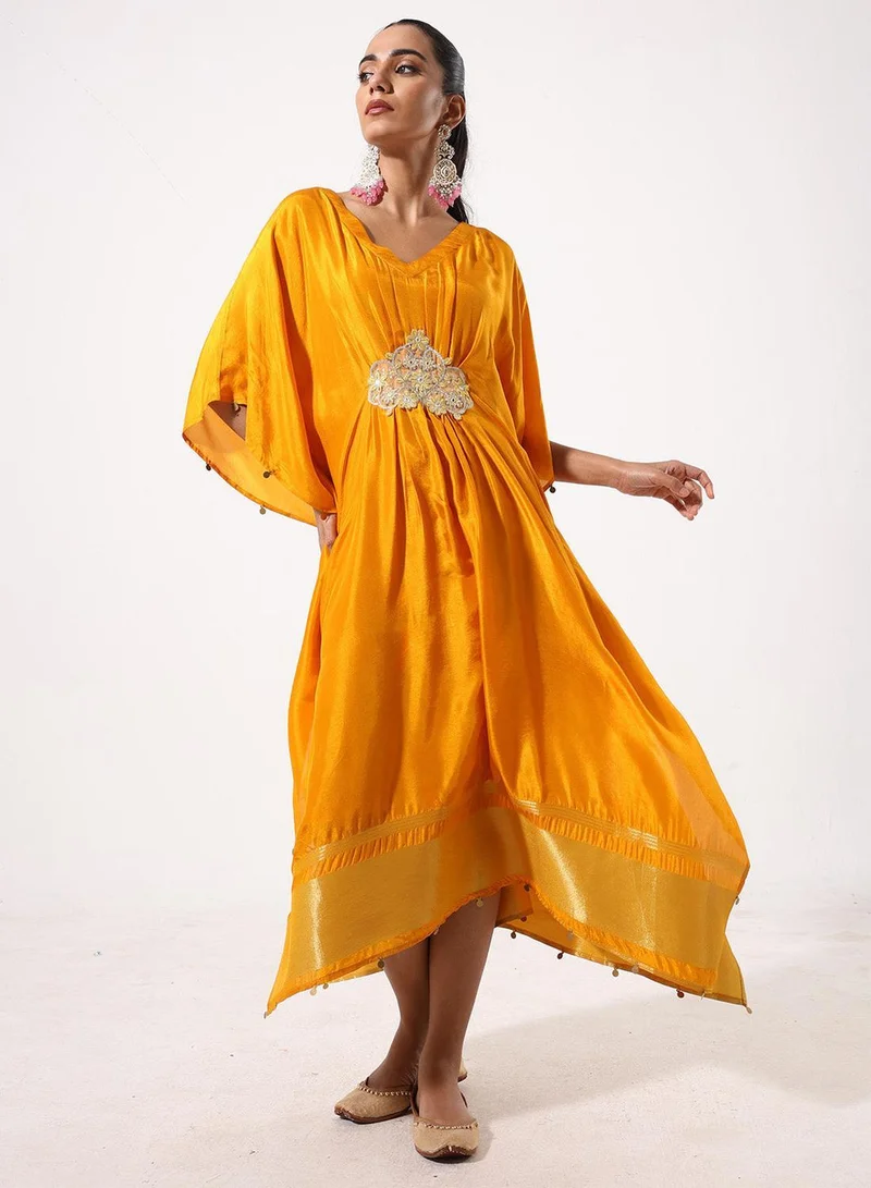 آي شين Yellow Poly Embroidered Relaxed A-Line Kaftan & Full Length Palazzo Kurta Set For Women