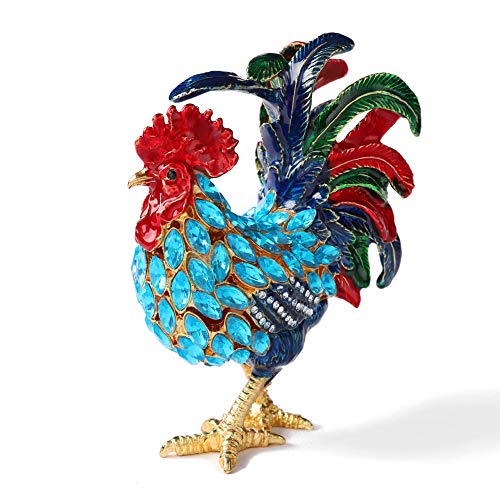 Furuida Rooster Trinket Boxes Hinged Enameled Jewelry Box Hand-Painted Animals Ornaments Craft Gift for Home Decor (Blue) - Image 1