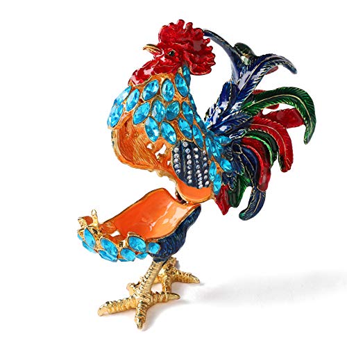 Furuida Rooster Trinket Boxes Hinged Enameled Jewelry Box Hand-Painted Animals Ornaments Craft Gift for Home Decor (Blue) - Image 4