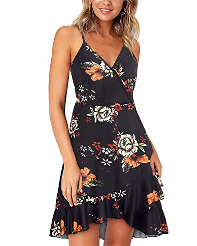 ULTRANICE Summer Dresses Womens 2025 Sun Dress Trendy Casual Spring Floral Flowy Semi Formal Midi Beach Vacation Outfits Clothes Ruffle Hem V Neck Spaghetti Strap Dress(Black Orange White Floral,M) - Image 4