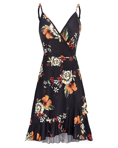 ULTRANICE Summer Dresses Womens 2025 Sun Dress Trendy Casual Spring Floral Flowy Semi Formal Midi Beach Vacation Outfits Clothes Ruffle Hem V Neck Spaghetti Strap Dress(Black Orange White Floral,M) - Image 5