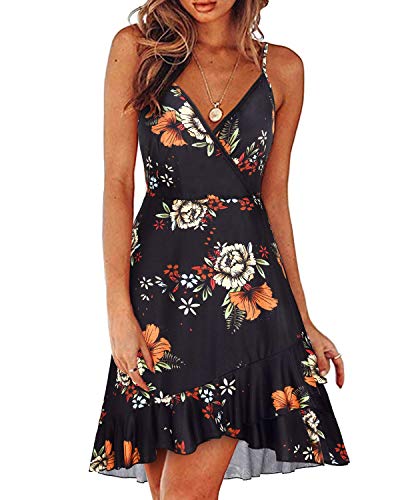 ULTRANICE Summer Dresses Womens 2025 Sun Dress Trendy Casual Spring Floral Flowy Semi Formal Midi Beach Vacation Outfits Clothes Ruffle Hem V Neck Spaghetti Strap Dress(Black Orange White Floral,M) - Image 1