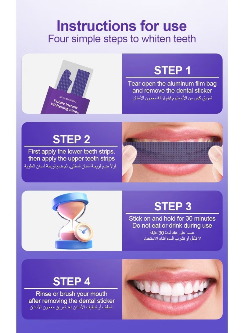 JUE-FISH Purple Instant Teeth Whitening Strips V34 Color Correcting – 14 Strips Enamel Safe – Fast Yellow Stain Removal – Removes Coffee, Tea & Smoking Stains – Dental Whitening Kit for Home Use - Image 4