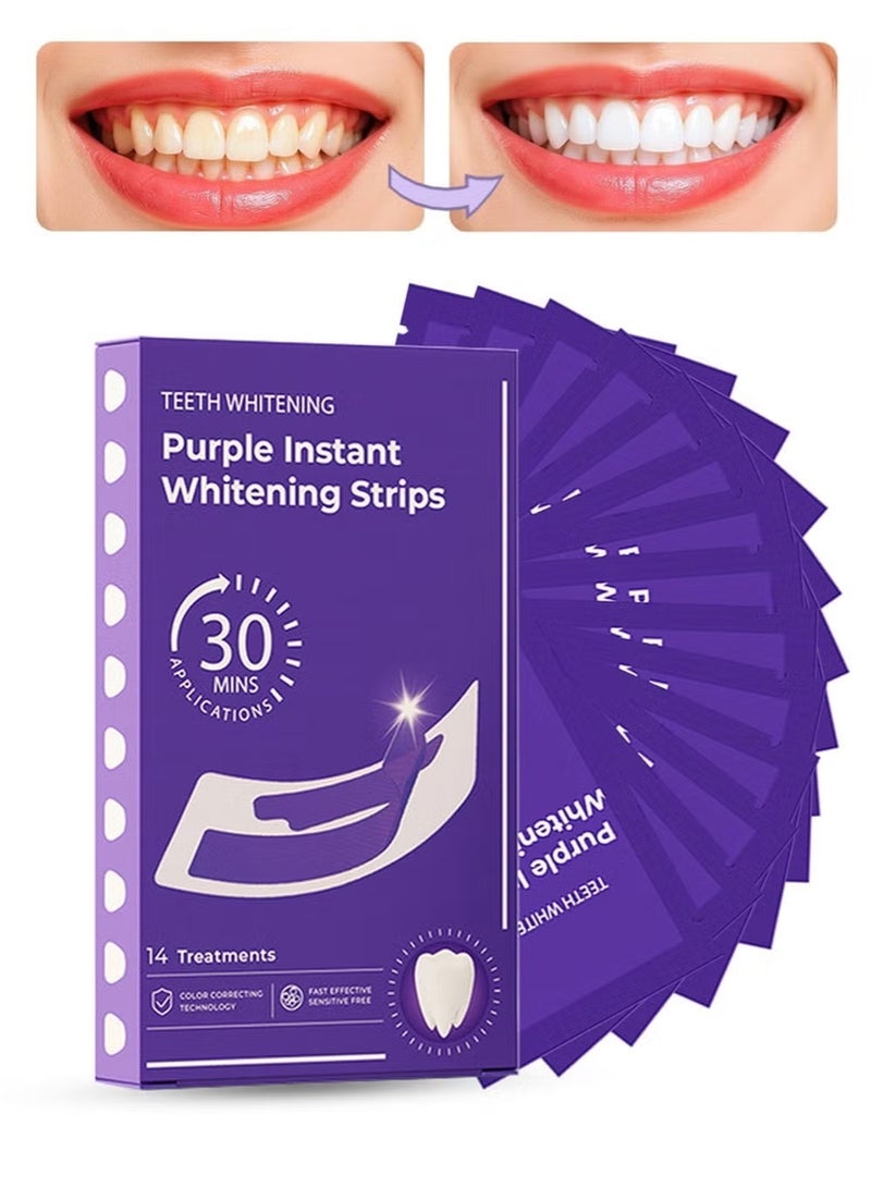 JUE-FISH Purple Instant Teeth Whitening Strips V34 Color Correcting – 14 Strips Enamel Safe – Fast Yellow Stain Removal – Removes Coffee, Tea & Smoking Stains – Dental Whitening Kit for Home Use - Image 1