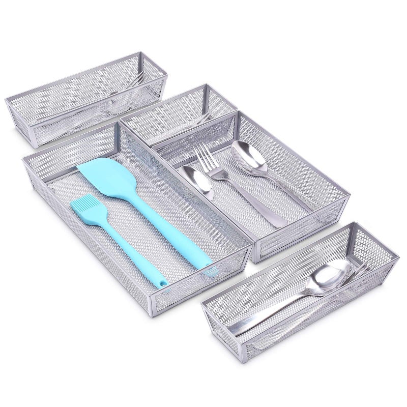 WuGeShop Mesh Silverware Tray Drawer Organizer Kitchen Utensils Flatware Tray with Antislip Mats Silverware Storage Cutlery Tray for Knives Fork Spoon 5 Separate Compartments Silver