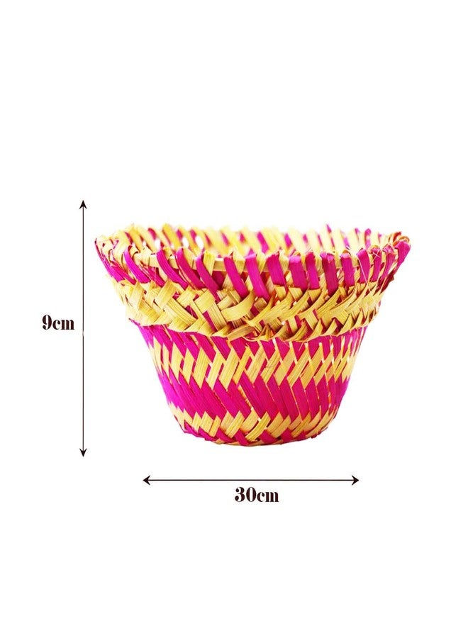TAVASYA Natural Bamboo Big Round Baskets -Pack of 12 (Pink & Brown, 30 x 30 x 9 cm) | Handwoven Bamboo Trays for Hampers, Festive Gifting, Home Decor, Storage & Return Gifts - Image 5