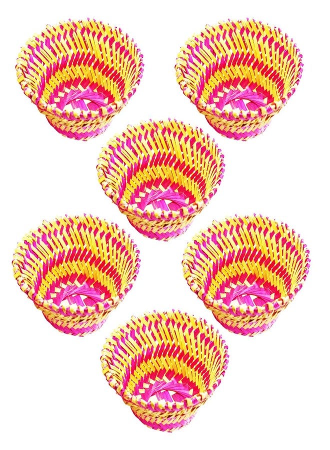 TAVASYA Natural Bamboo Big Round Baskets -Pack of 12 (Pink & Brown, 30 x 30 x 9 cm) | Handwoven Bamboo Trays for Hampers, Festive Gifting, Home Decor, Storage & Return Gifts - Image 2