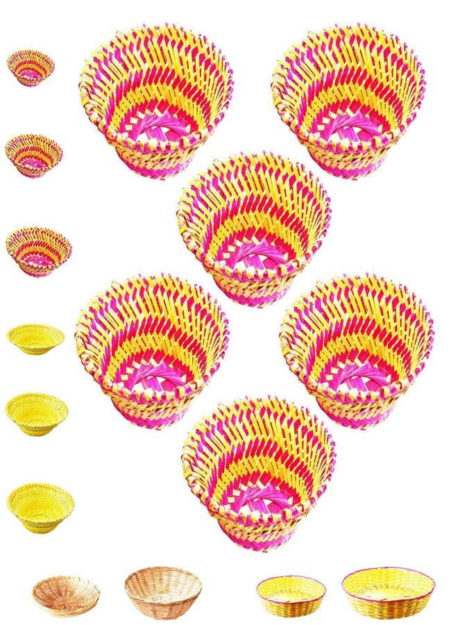 TAVASYA Natural Bamboo Big Round Baskets -Pack of 12 (Pink & Brown, 30 x 30 x 9 cm) | Handwoven Bamboo Trays for Hampers, Festive Gifting, Home Decor, Storage & Return Gifts - Image 1