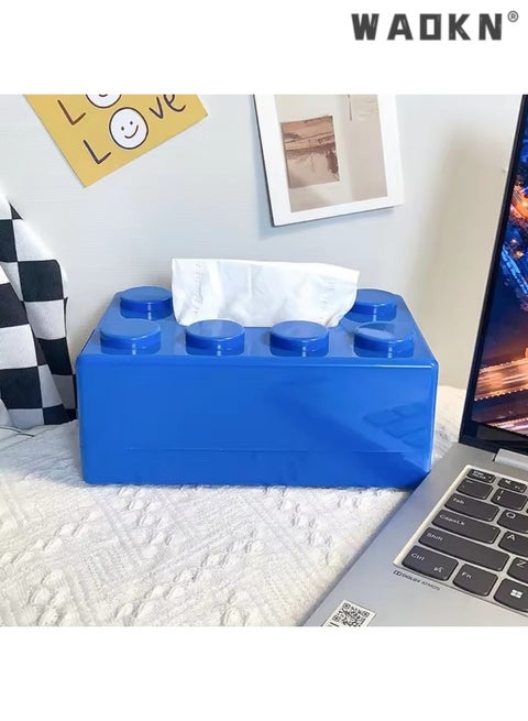 Creative Building Blocks with Spring Tissue Box Wall-mounted Perforation-free Paper Holder Bathroom Face Towel Box Organizer（blue）