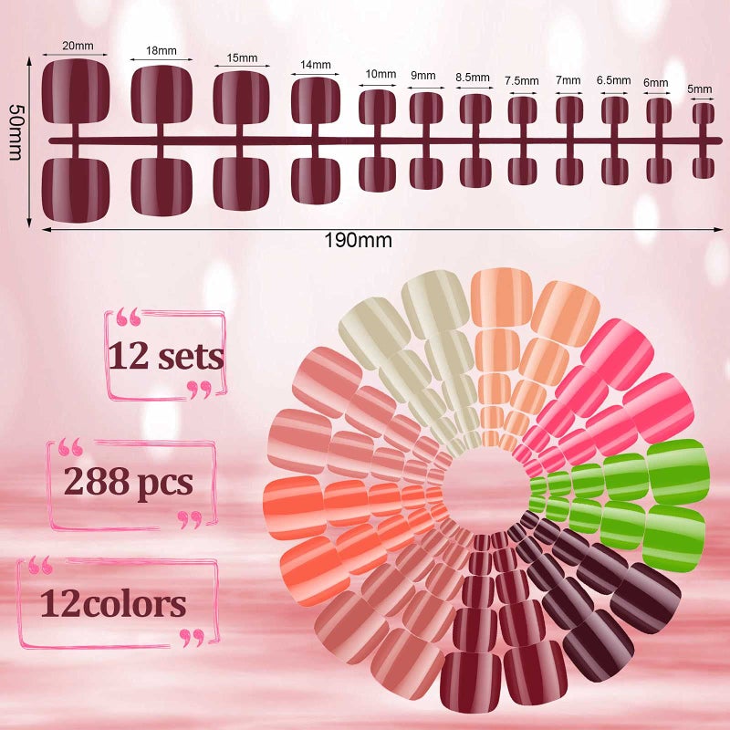 Maitys 288 Pieces 12 Sets Short False Toe Nails Short Square Artificial Nail Tips Press on Glossy Toe Nails Solid Color Full Cover Square Fake Nails for Nail DIY Manicure (Classic-color Pattern) - Image 2